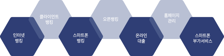 인터넷뱅킹, 클라이언트뱅킹, 스마트폰뱅킹, 오픈뱅킹, 온라인대출, 홈페이지 관리, 스마트폰 부가서비스 
